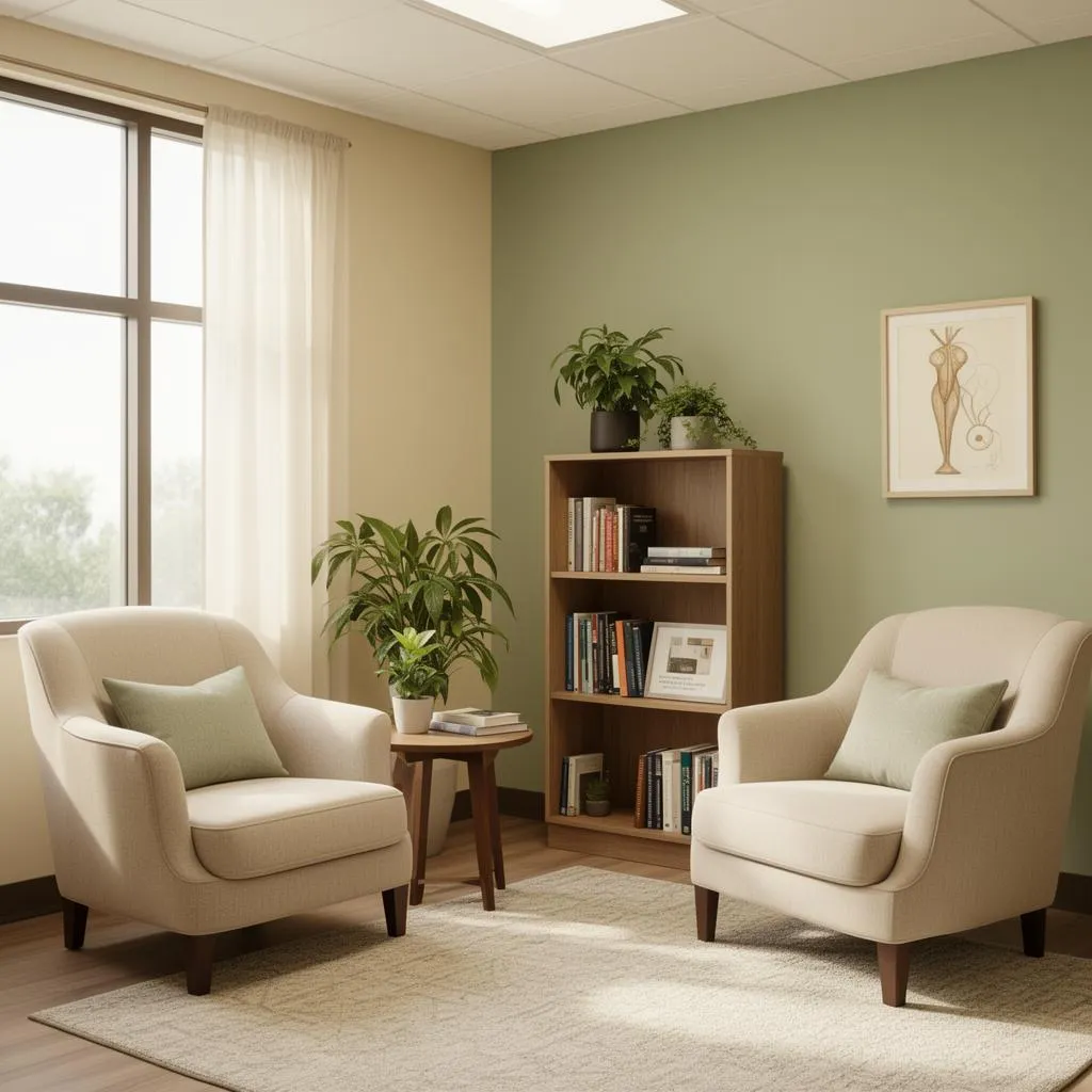 The consulting room: two armchairs, a bookshelf and plants